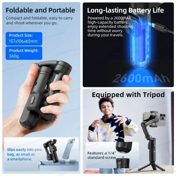 Handheld 3-Axis Gimbal Stabilizer for iPhone & Android, Anti-Shake Phone Holder with Tripod, for Vlogging & Video Recording - Image 5