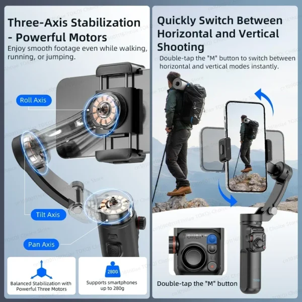 Handheld 3-Axis Gimbal Stabilizer for iPhone & Android, Anti-Shake Phone Holder with Tripod, for Vlogging & Video Recording - Image 2