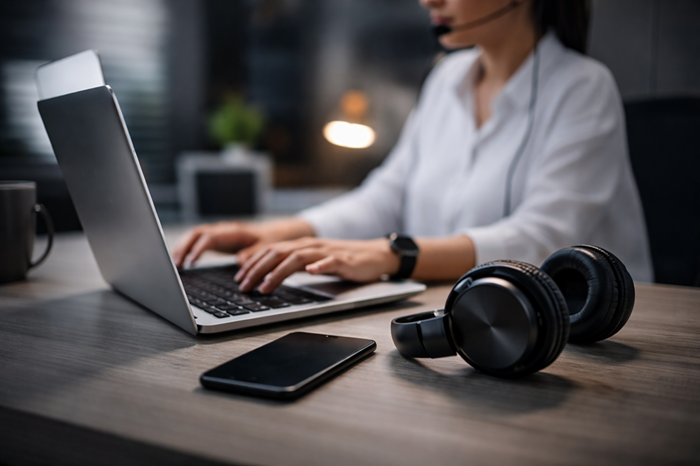 Customer support workspace at GimbalPlus with laptop and tech gadgets