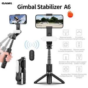 QAML A6 2025 1-axis handheld gimbal stabilizer w/ selfie stick/tripod, wireless remote, 400mAh Li-ion battery, USB charging, iOS